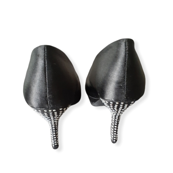 BAMBOO Black Satin Stilettos w/Rhinestone Embellished Heel - Picture 4 of 8